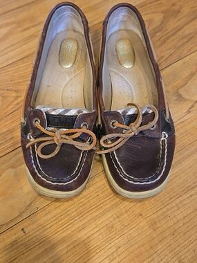 Sperry Women's Angelfish Brown Leather Boat Shoes with Plaid Accent Size 7M